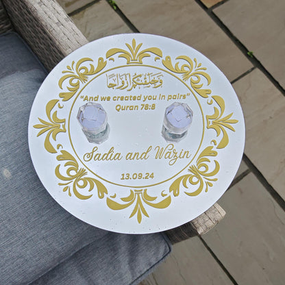 Personalised Wedding Nikkah Glass Mirror Ring Plate with Ring Holders 30.5cm | Islamic Wedding | Engagement Gift